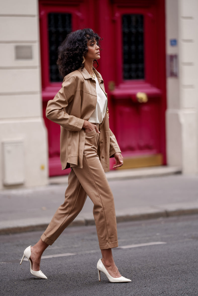 Beige wide leg leather trousers