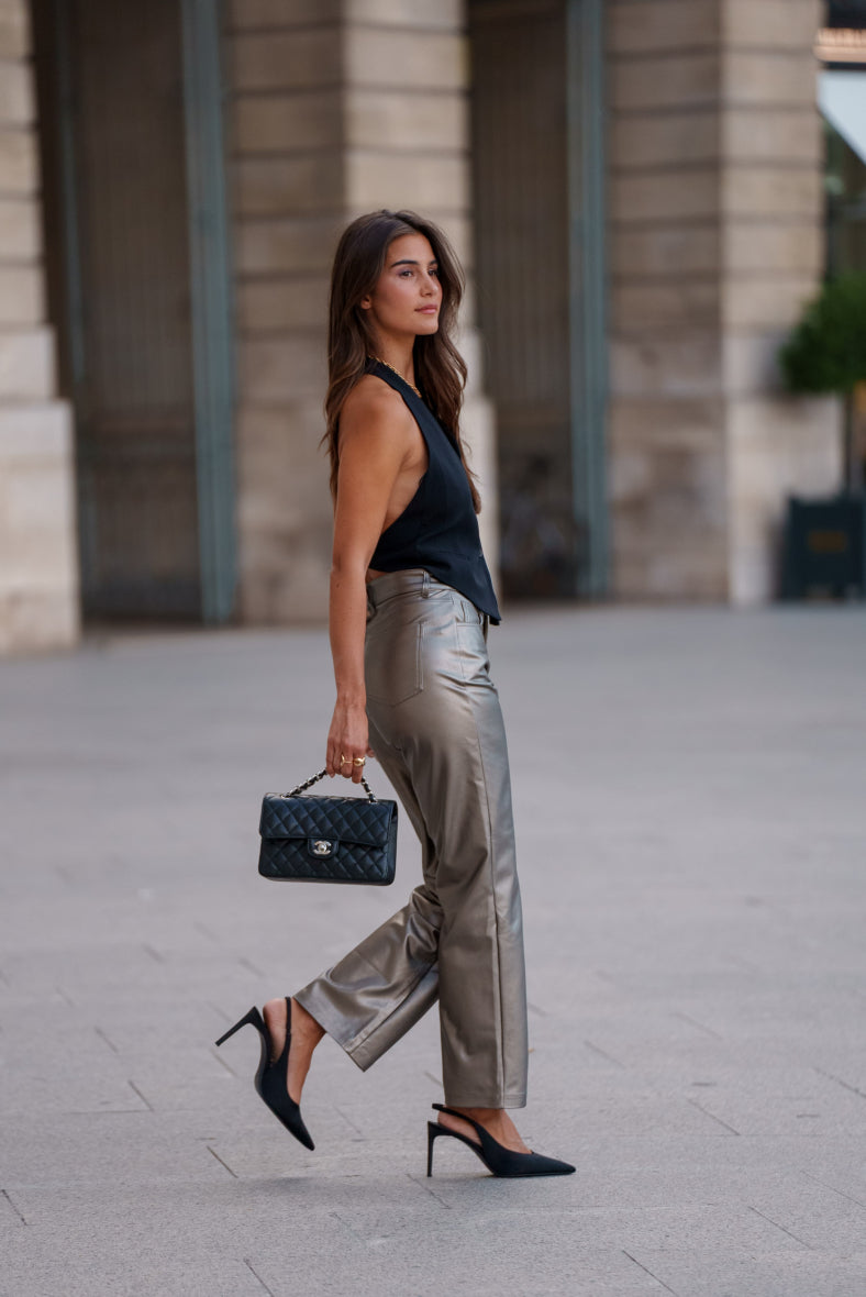 Wide leg bronze leather trousers