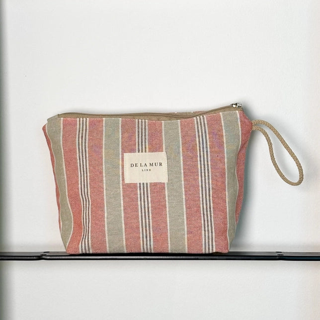 Dark Pink Striped Linen Toiletry Bag