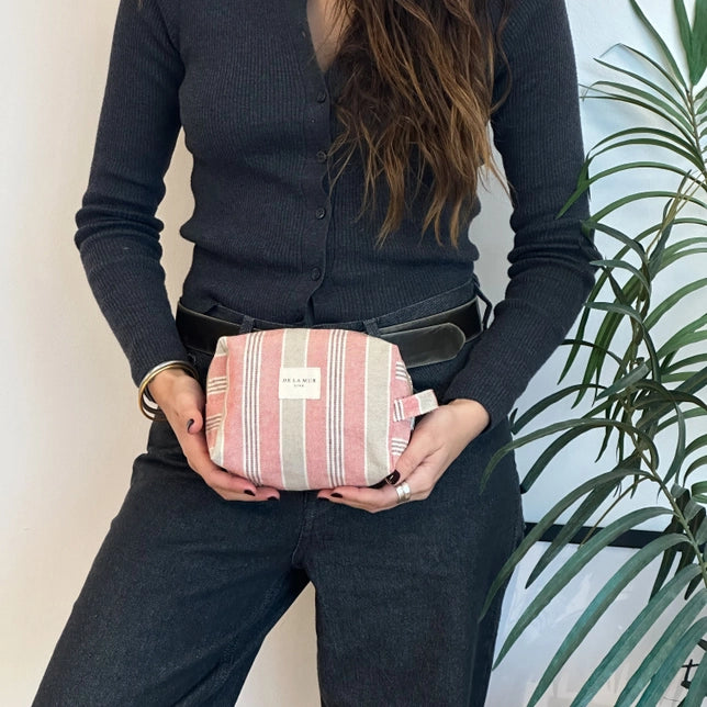 Dark Pink Striped Linen Toiletry Bag with handle