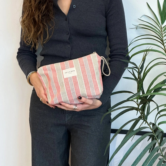 Dark Pink Striped Linen Toiletry Bag