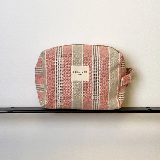 Dark Pink Striped Linen Toiletry Bag with handle