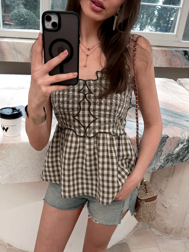 Lucy green gingham embroidered top