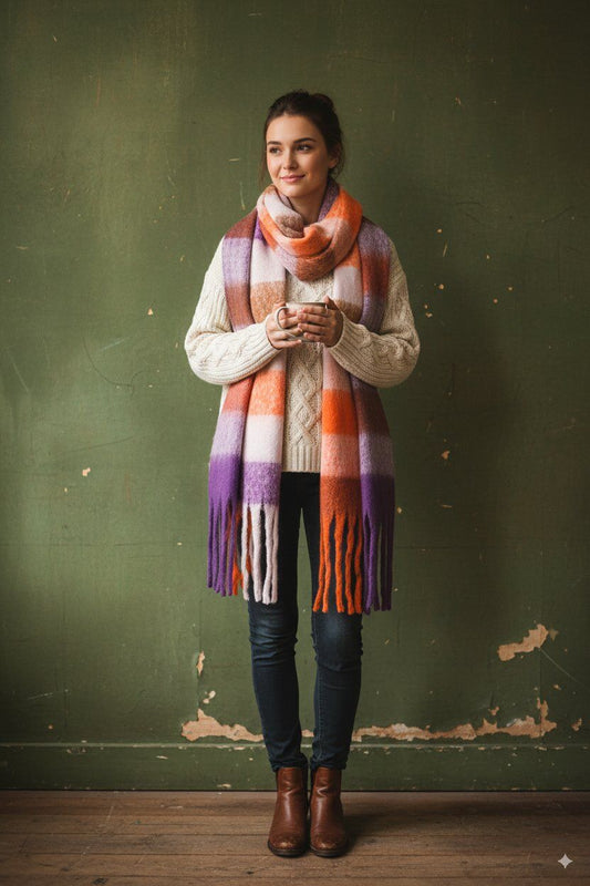 Fluffy plaid pinks wool scarf