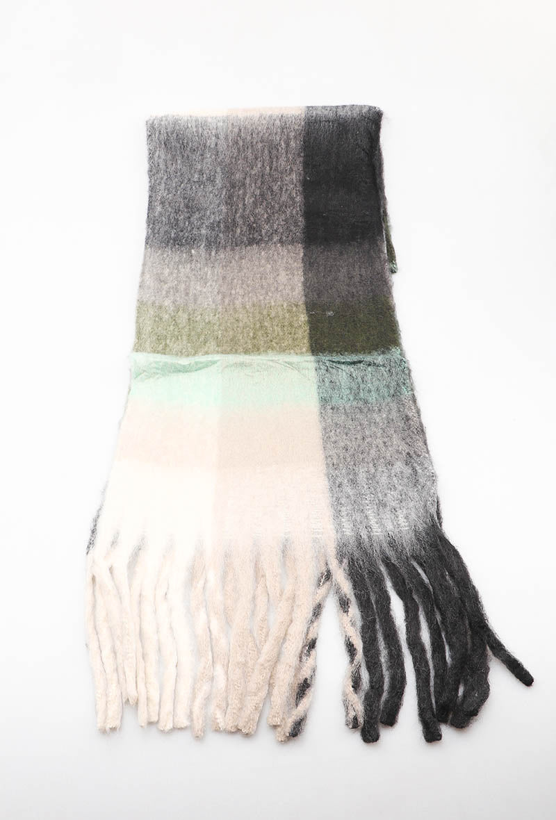 Fluffy plaid neutrals wool scarf