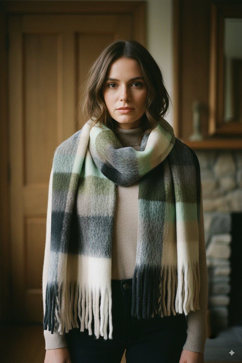 Fluffy plaid neutrals wool scarf