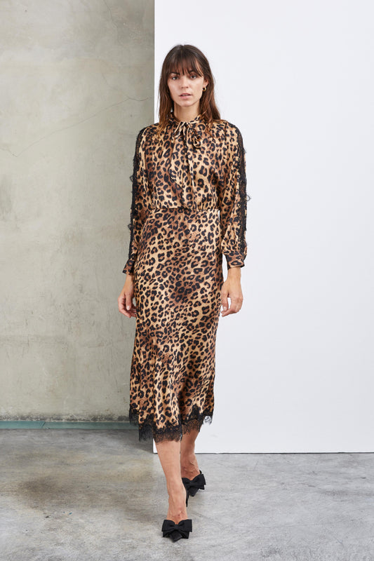 Sasha Leopard print satin slip skirt with lace