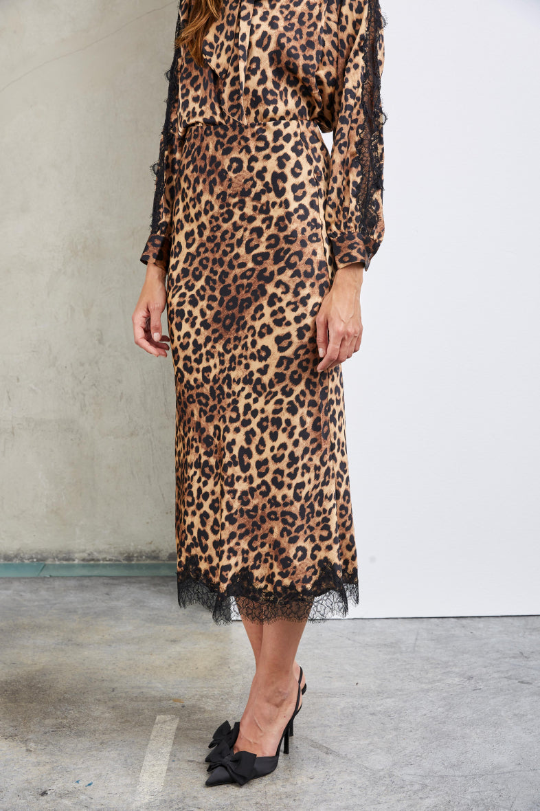 Sasha Leopard print satin slip skirt with lace