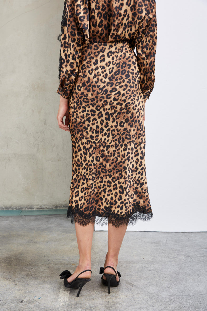 Sasha Leopard print satin slip skirt with lace