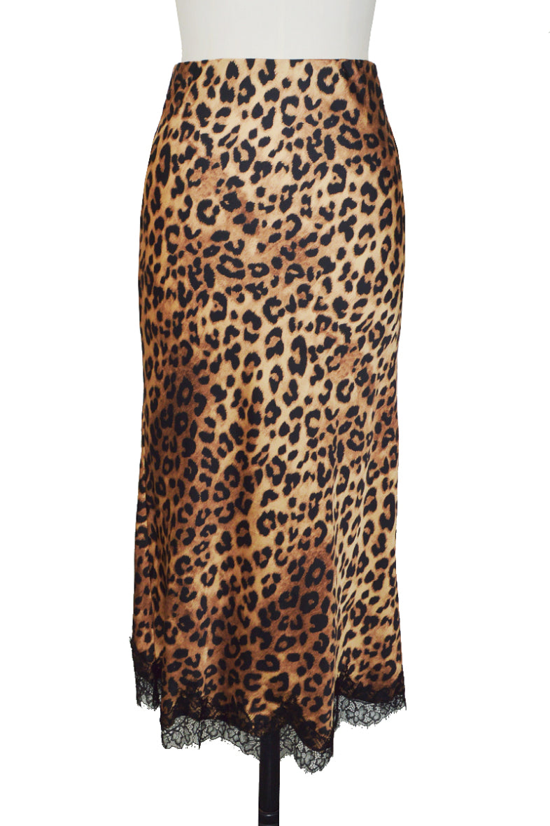 Sasha Leopard print satin slip skirt with lace