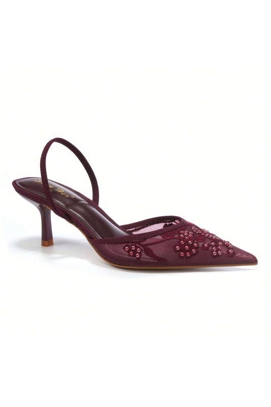 Burgundy embellished sling back mid heel shoes