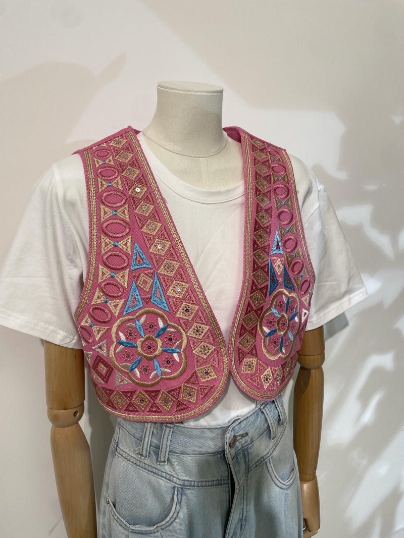 Embroidered Pink Boho vest