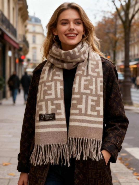 Taupe printed wool scarf