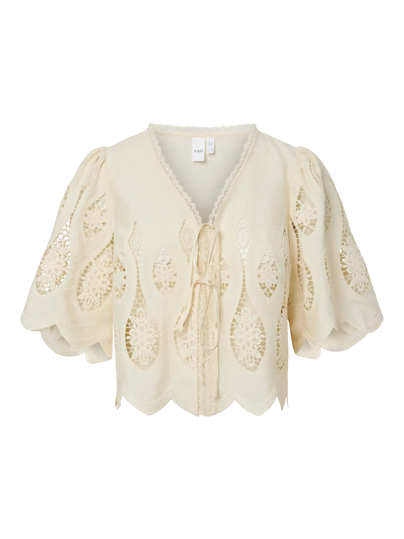 YASBESINA boho beige lace tie blouse