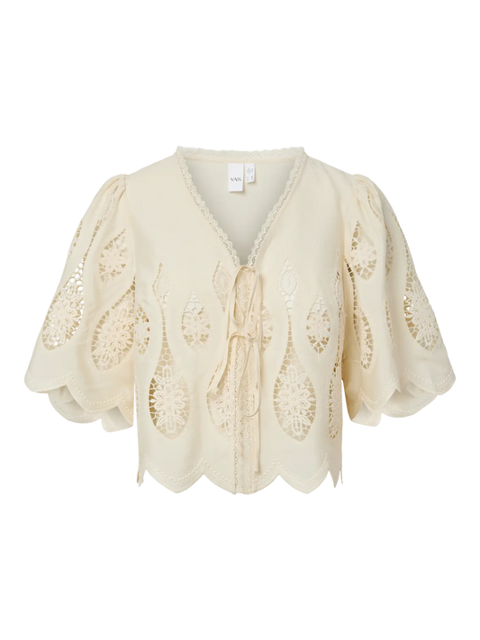YASBESINA boho beige lace tie blouse