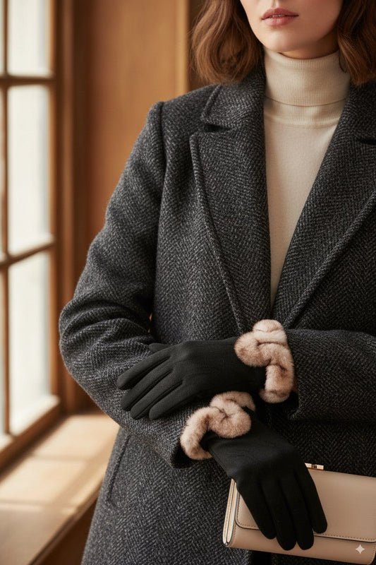 Black fur trim gloves