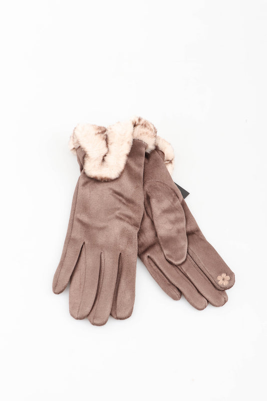 Beige fur trim gloves