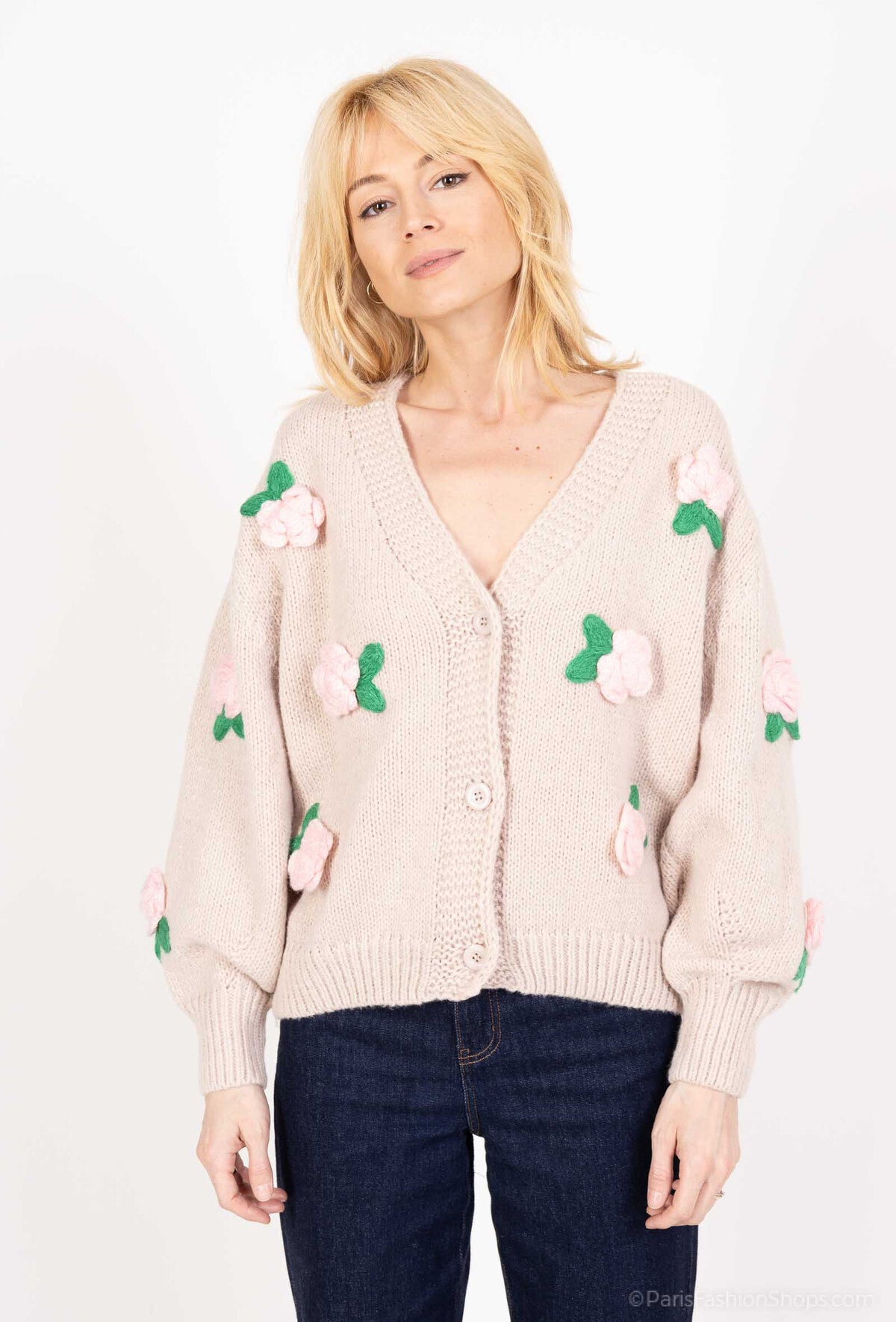 Milly flower embellished beige cardigan