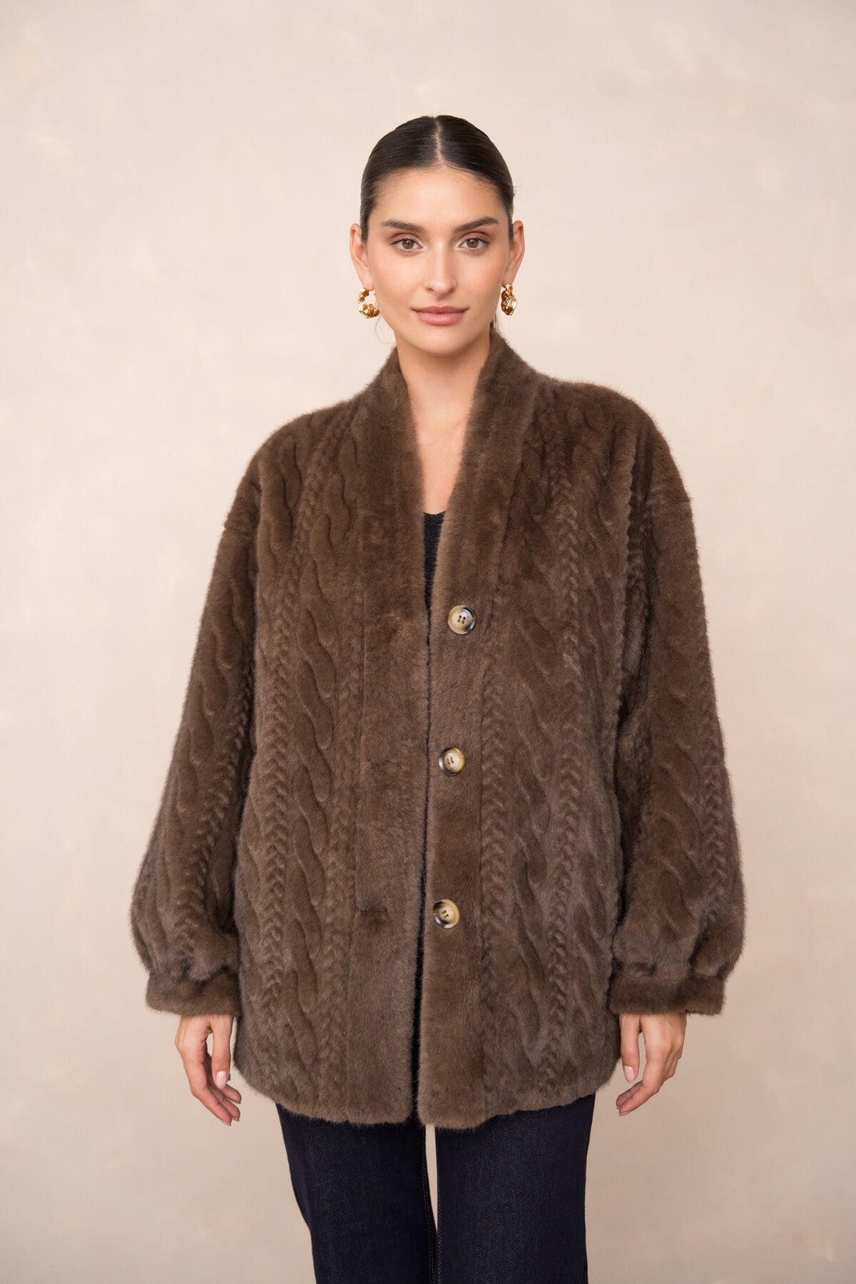 Adeline brown thick faux fur cable jacket