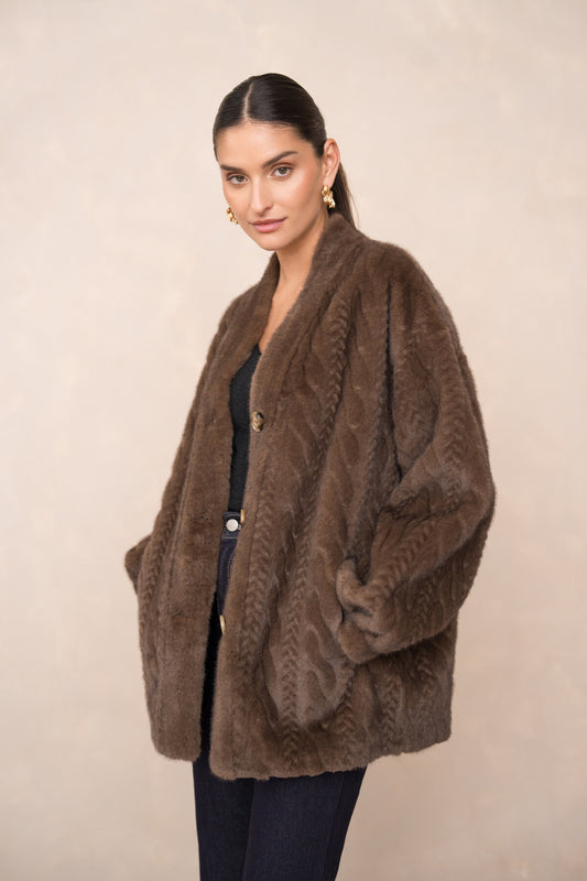 Adeline brown thick faux fur cable jacket