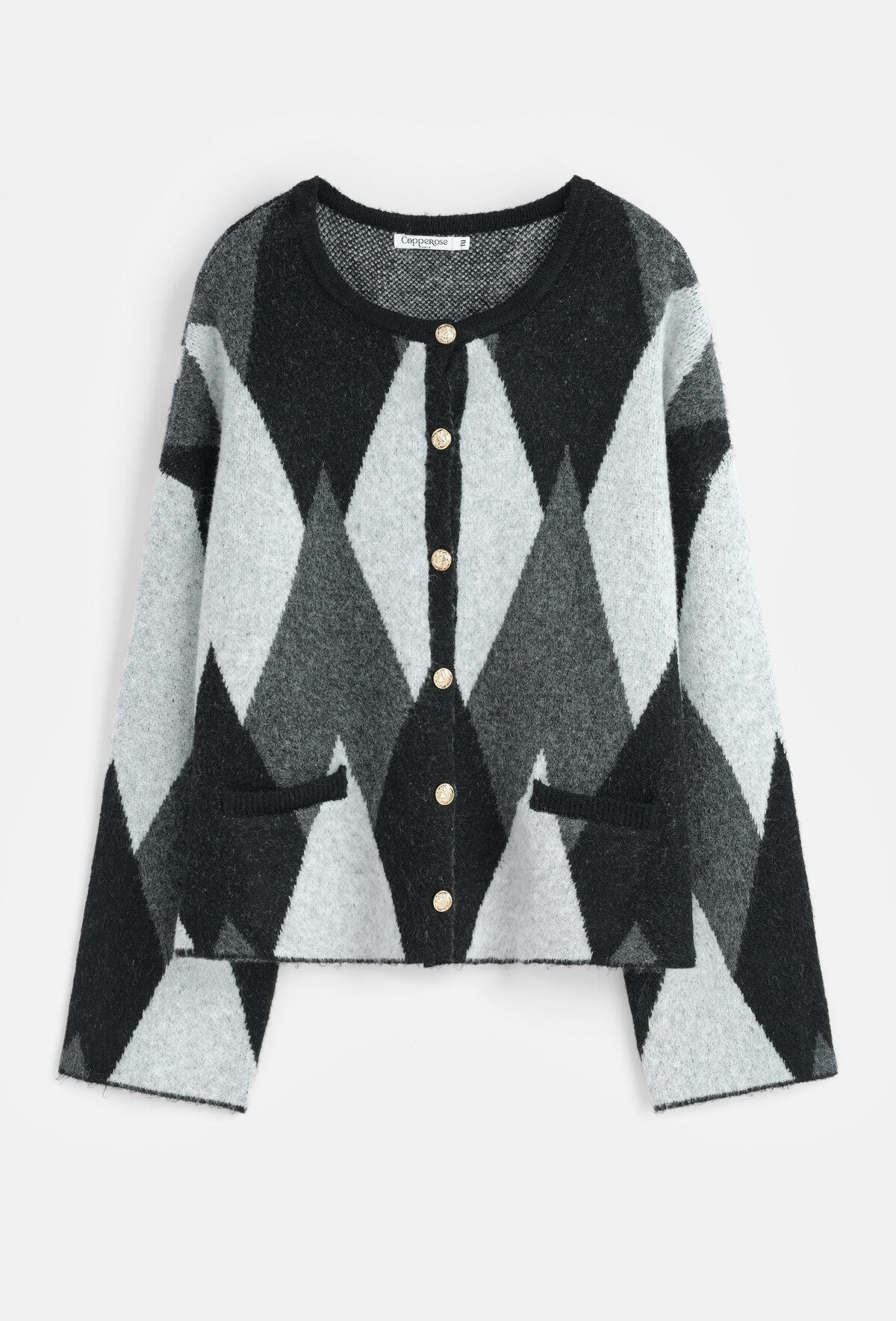 Ruby check print grey argyle jumper with gold buttons