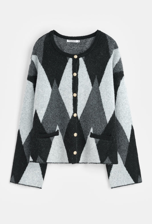 Ruby check print grey argyle jumper with gold buttons