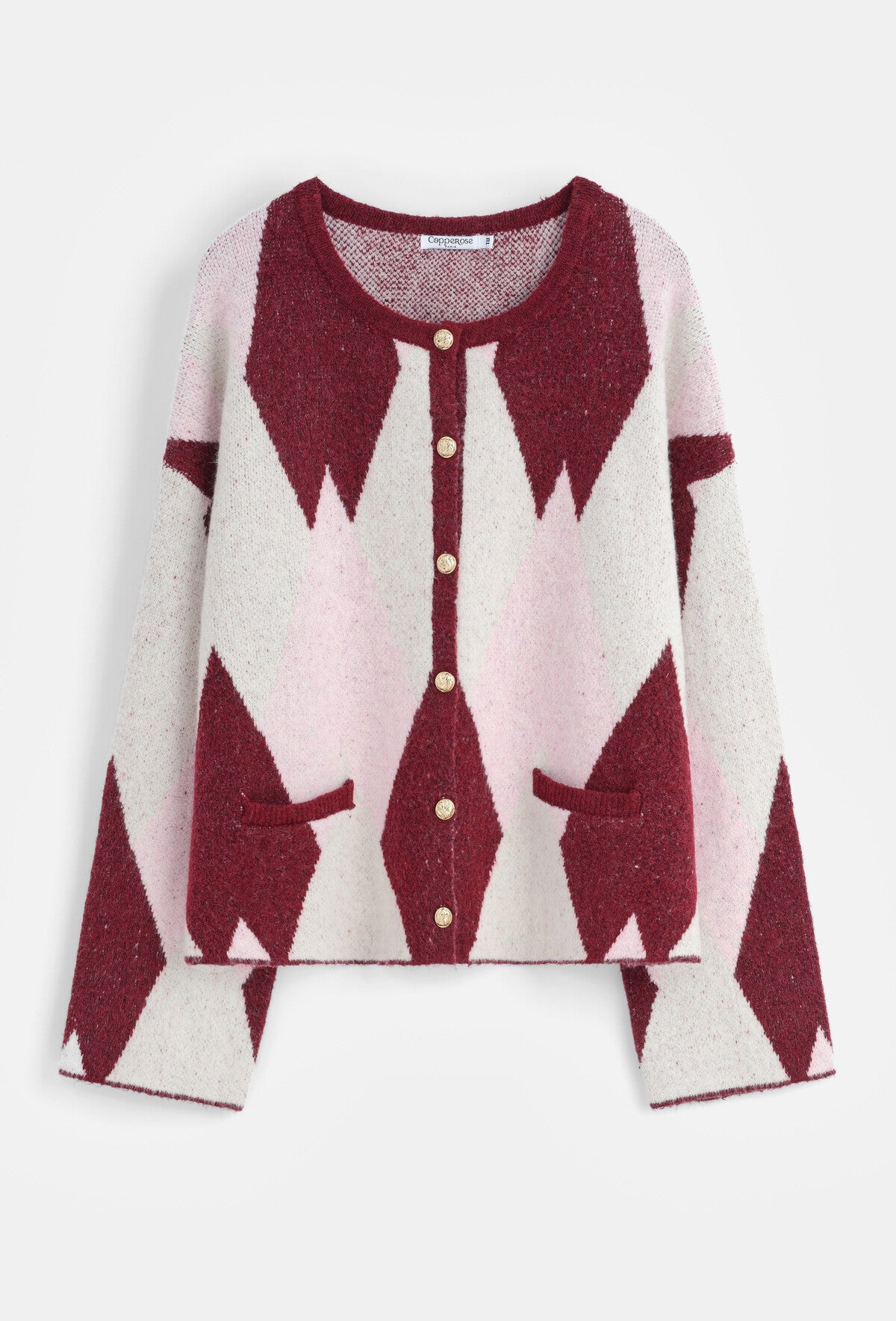 Ruby check print pink argyle jumper with gold buttons