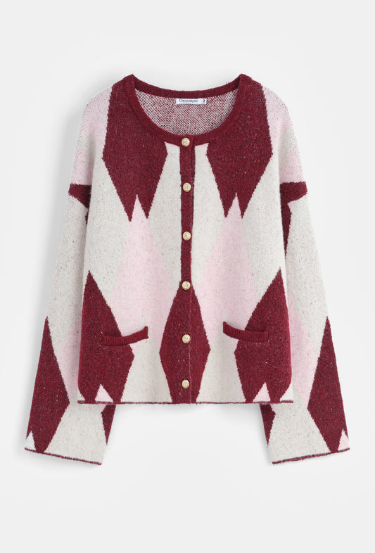 Ruby check print pink argyle jumper with gold buttons