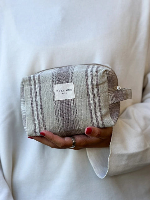 Natural Striped Linen Toiletry Bag with handle