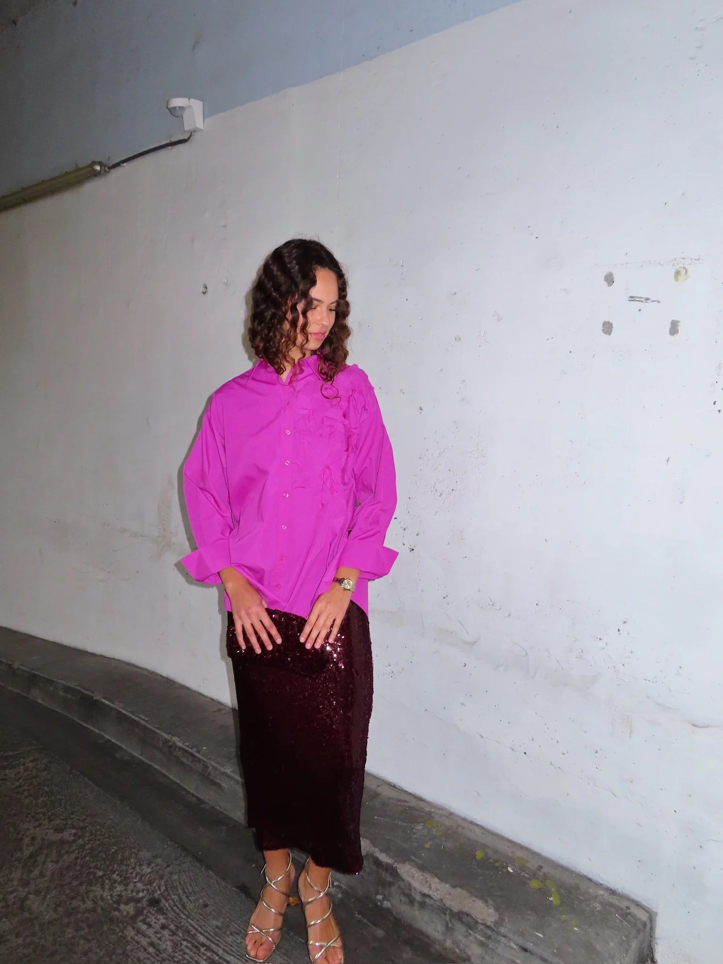 YASROYALINA BURGUNDY WET LOOK SEQUIN ANKLE SKIRT