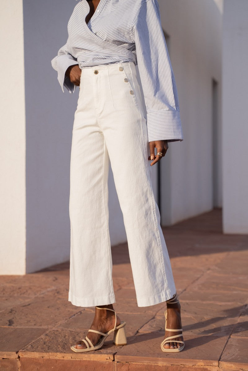 Wide leg white jeans with front buttons