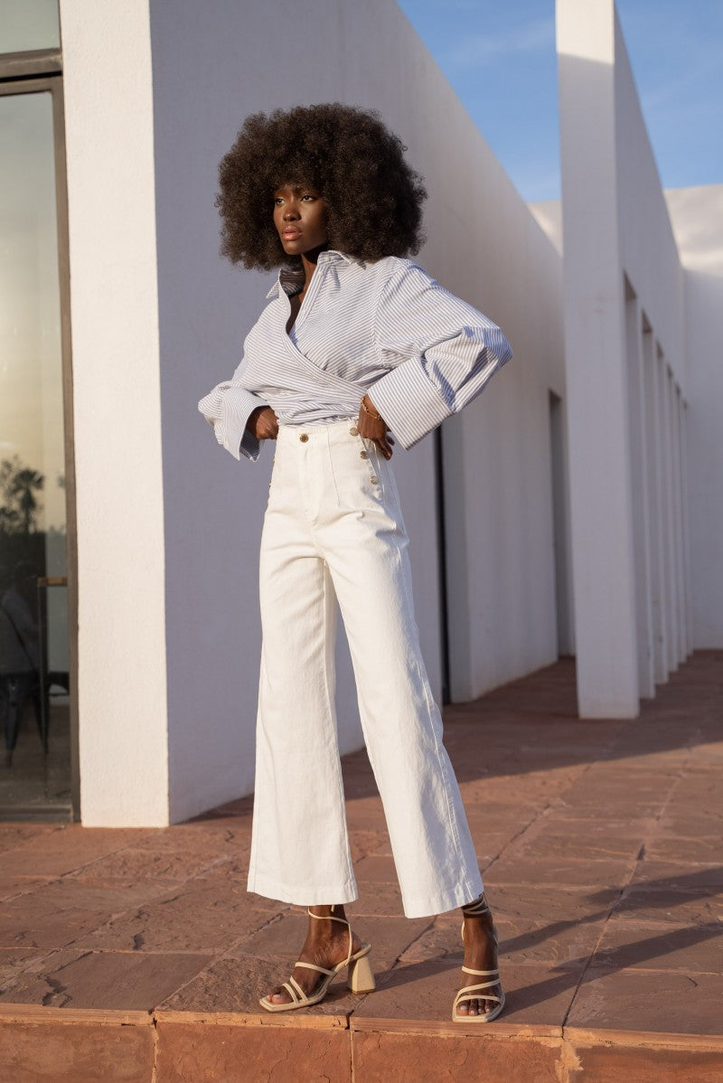 Wide leg white jeans with front buttons