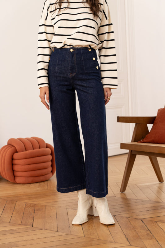 Venice wide leg navy blue jeans with gold front buttons
