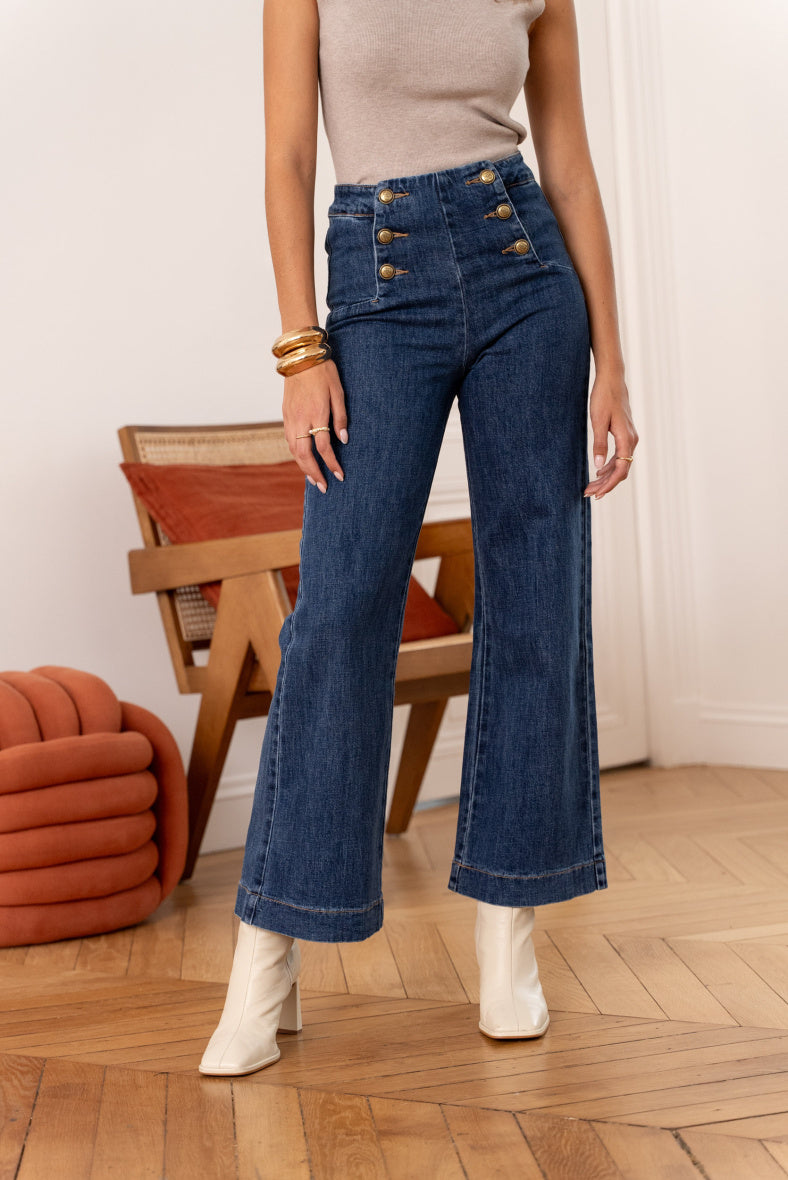 Wide leg mid blue jeans with gold front buttons