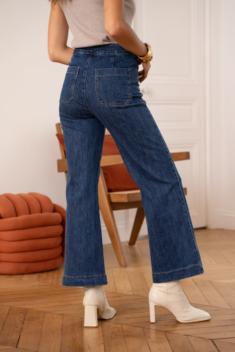 Wide leg mid blue jeans with gold front buttons