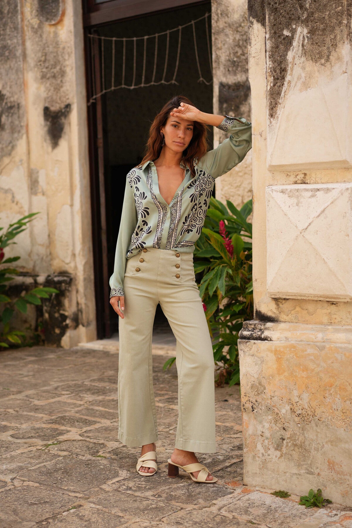 Mint green wide leg jeans with front gold buttons