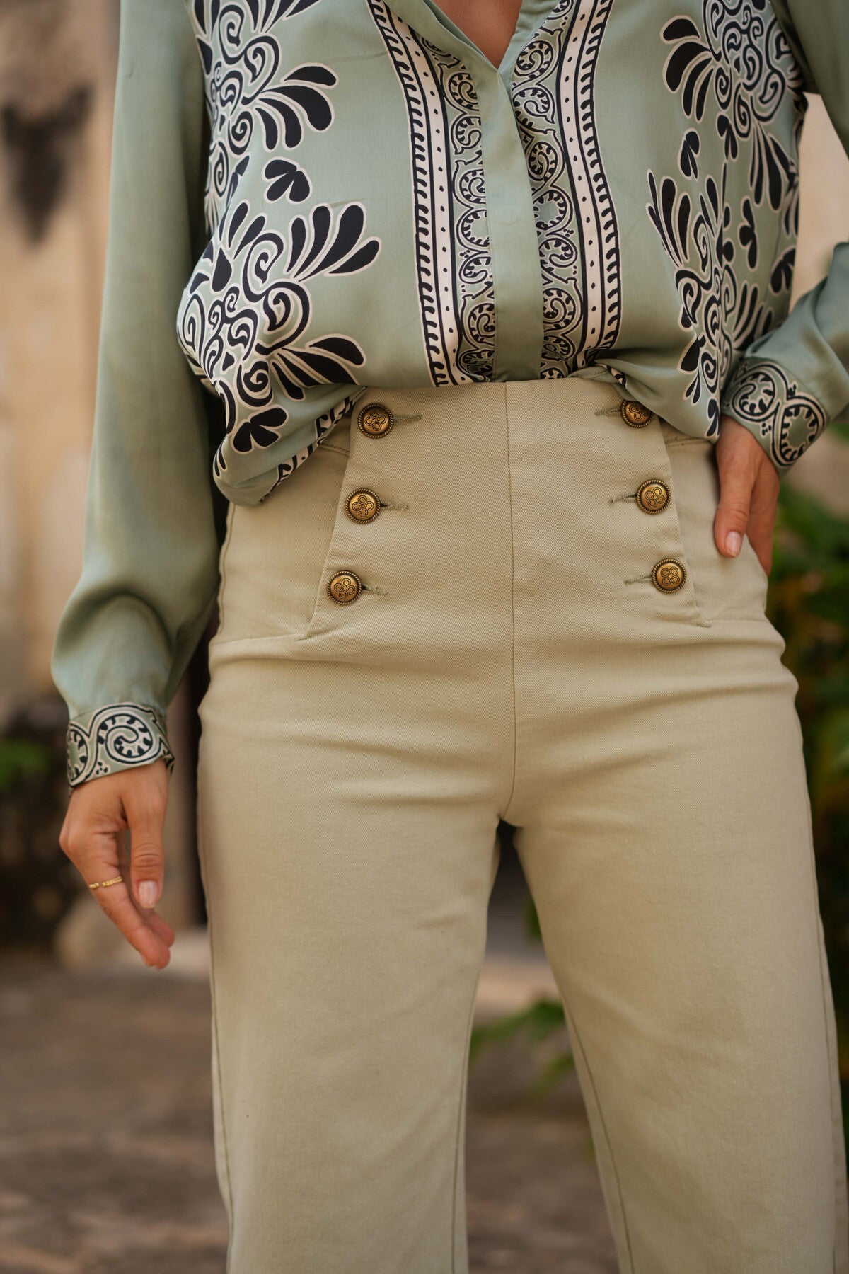 Mint green wide leg jeans with front gold buttons