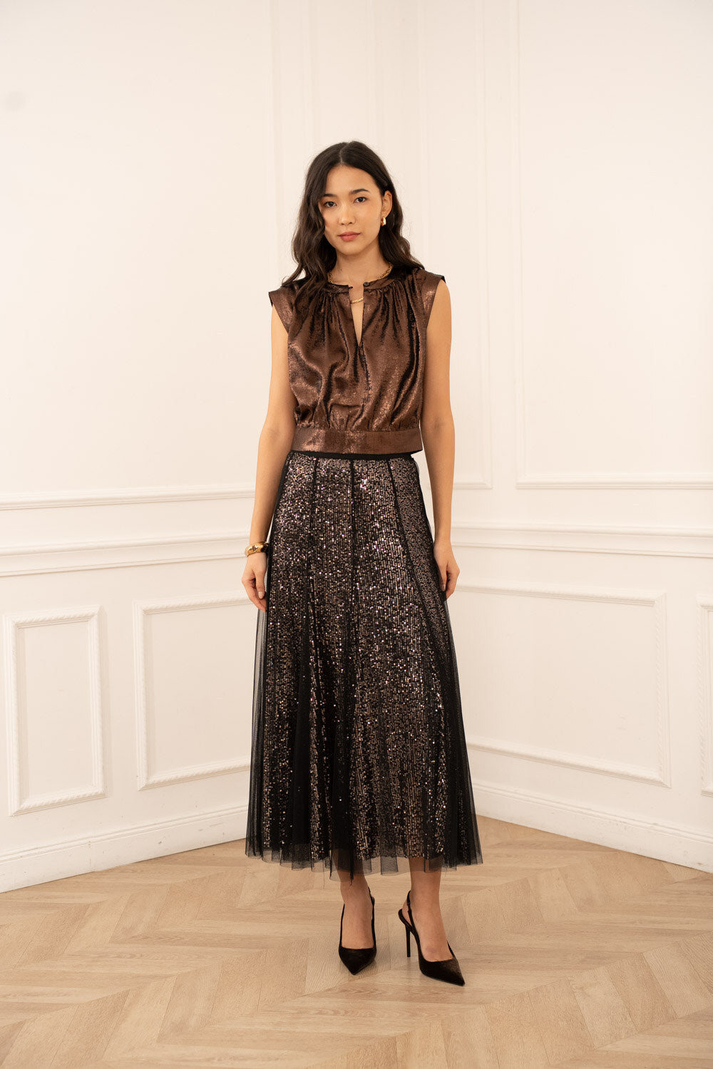 March brown sequin tulle skirt