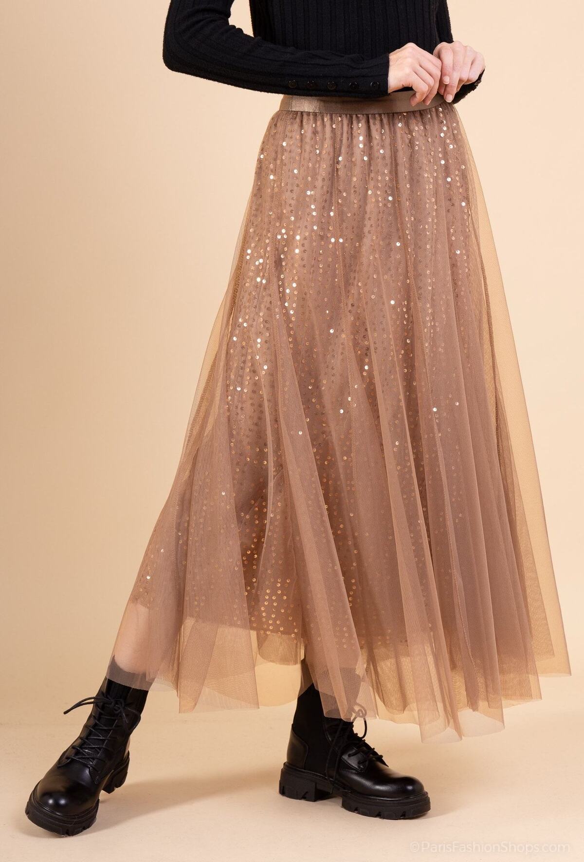 Charlotte taupe double layer sequin tulle skirt