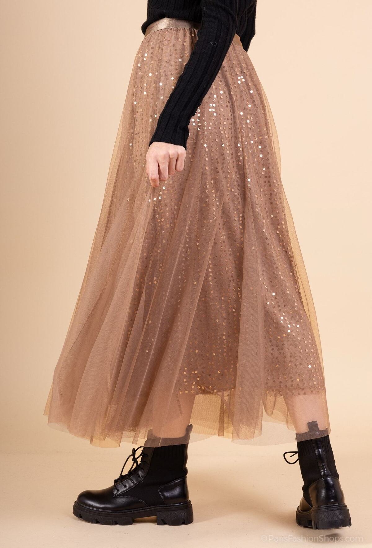 Charlotte taupe double layer sequin tulle skirt