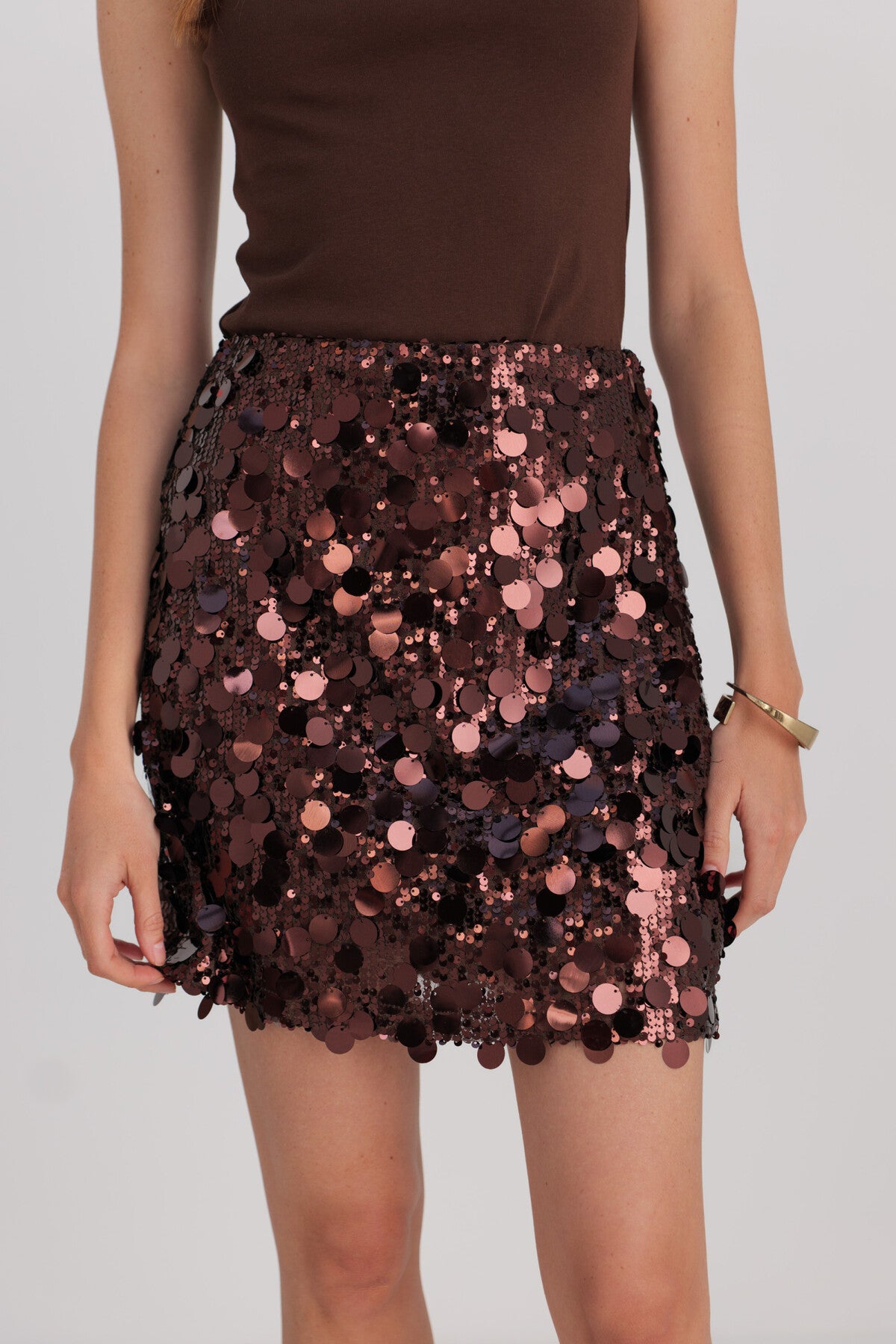 Holly chocolate brown sequin disc mini skirt