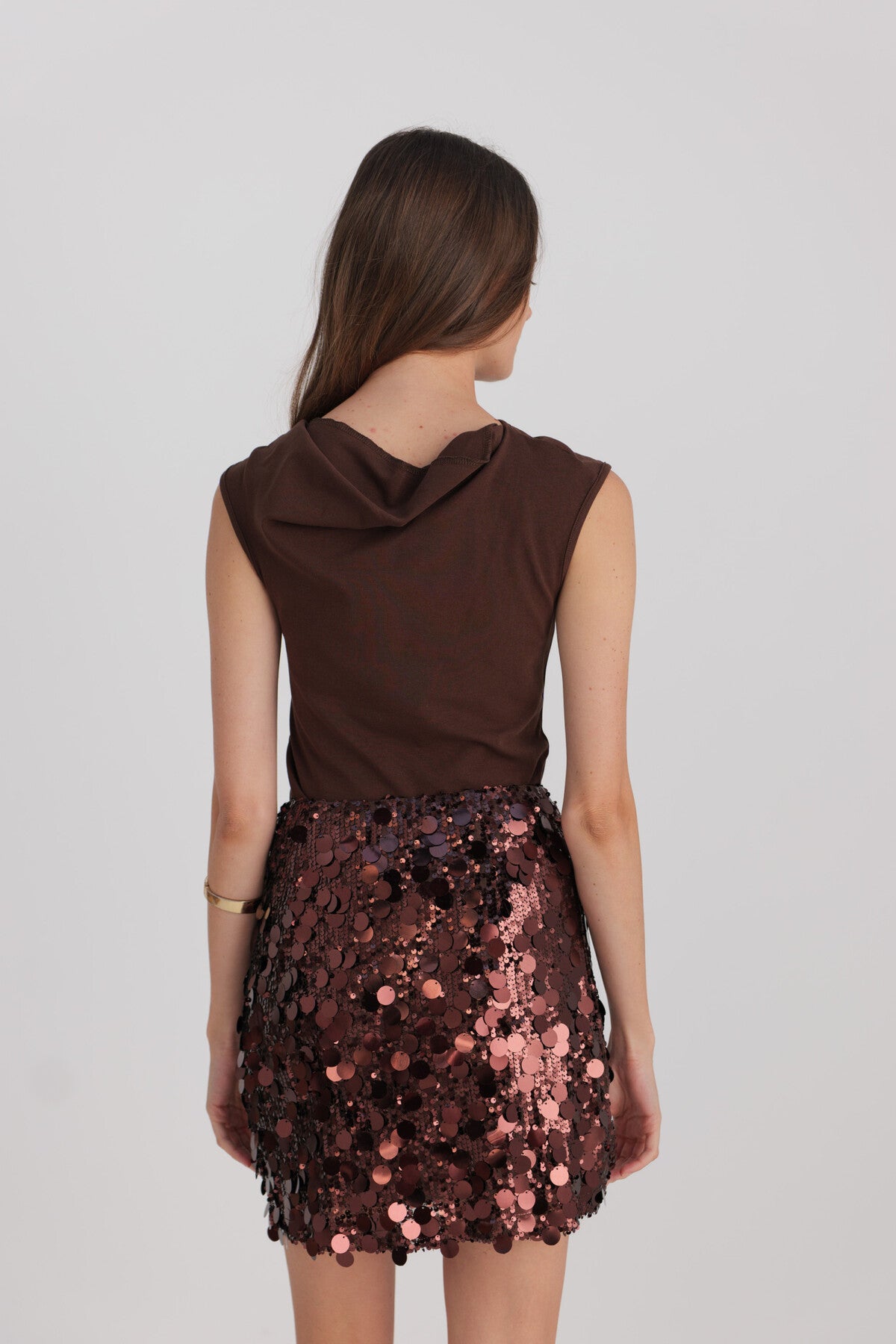 Holly chocolate brown sequin disc mini skirt