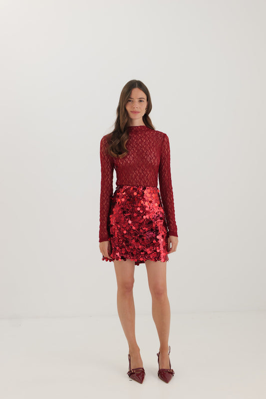 Holly burgundy sequin disc mini skirt