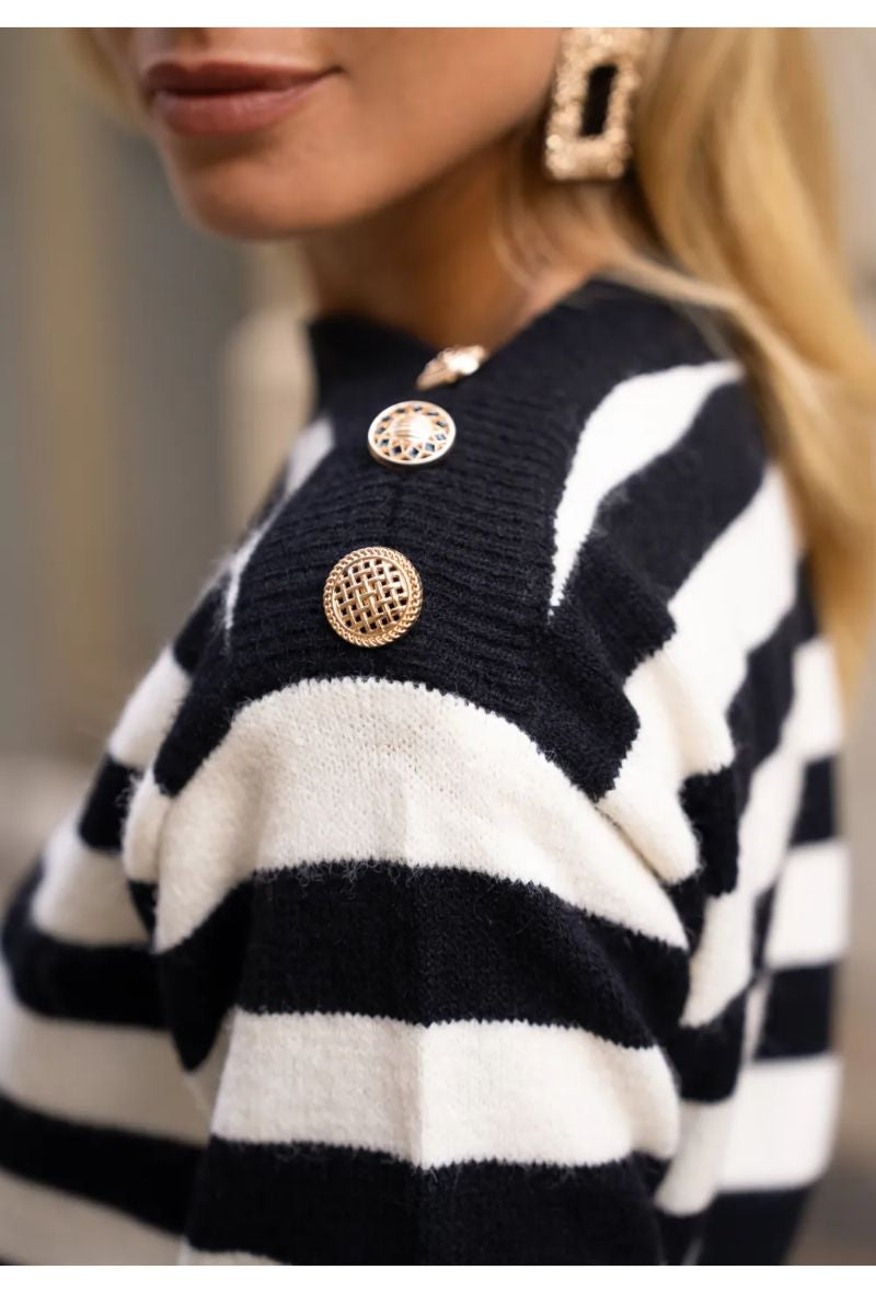 Black stripe jumper with gold buttons
