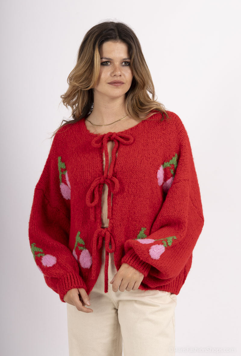 Bella cherry print bow tie red cardigan