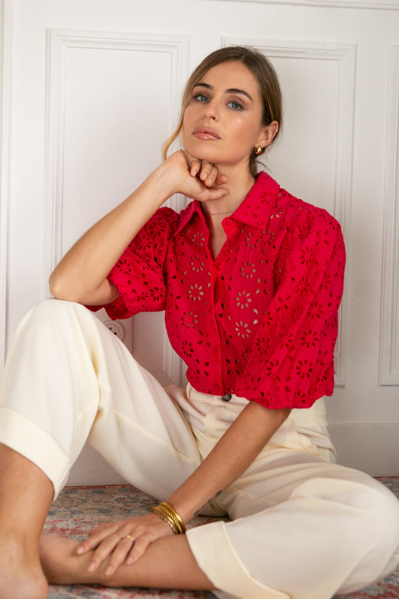 Clara red embroidery anglaise blouse