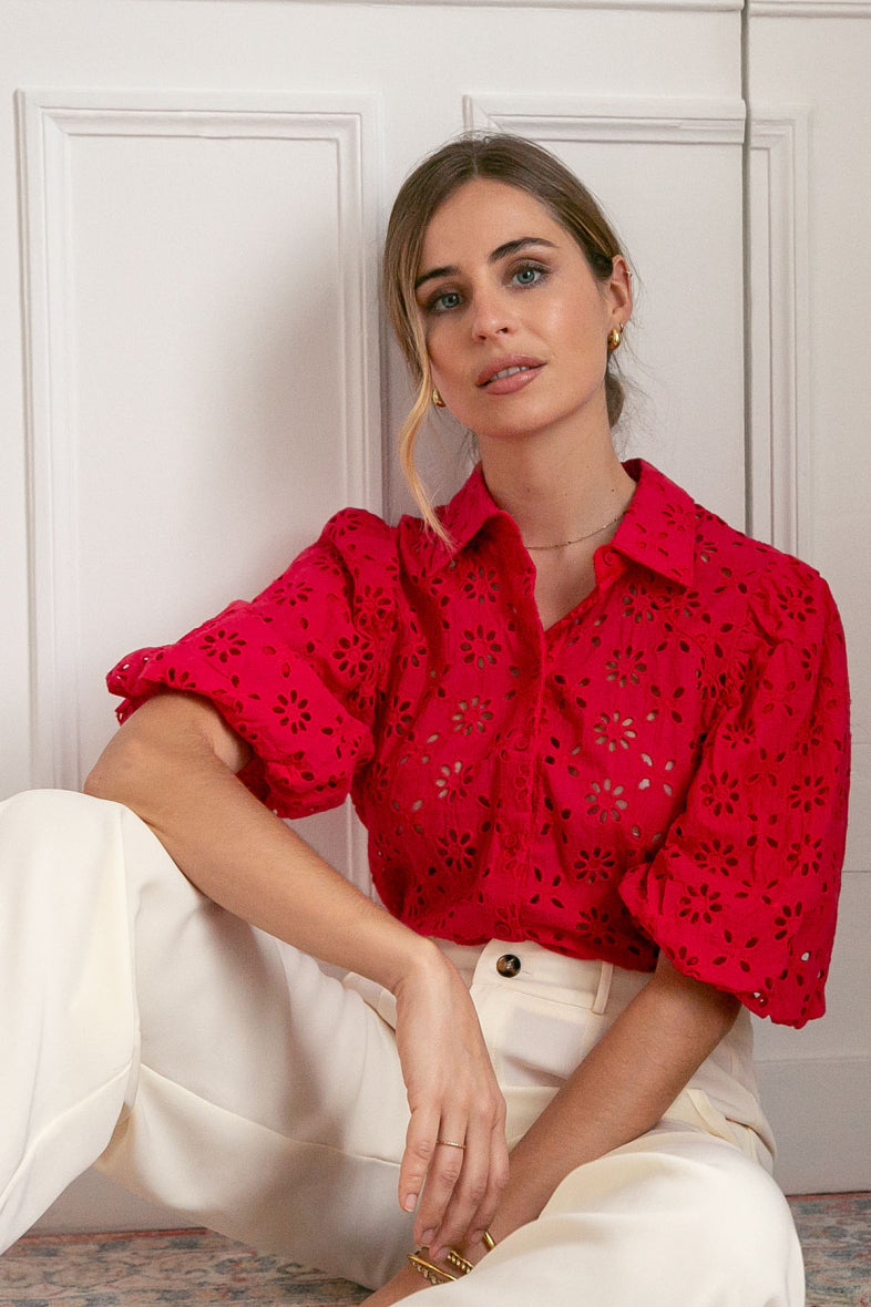 Clara red embroidery anglaise blouse