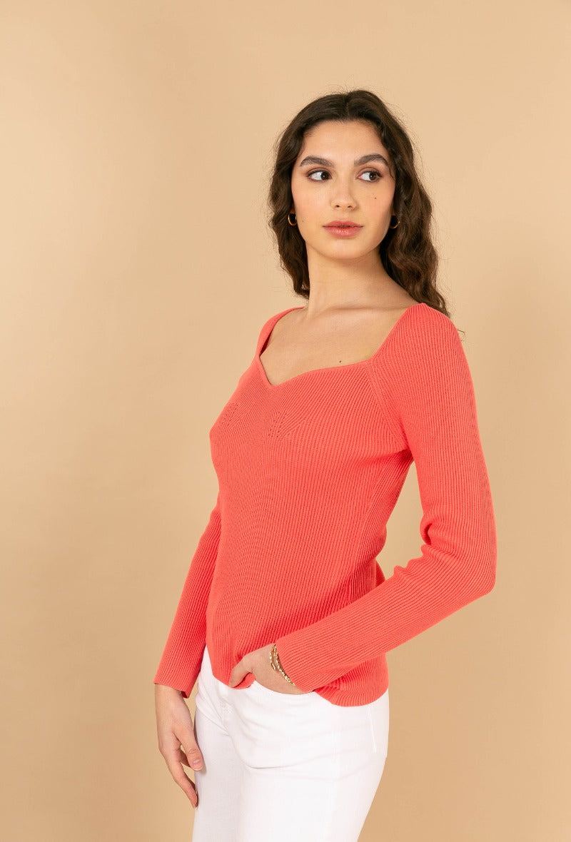 Ribbed sweater with square neck