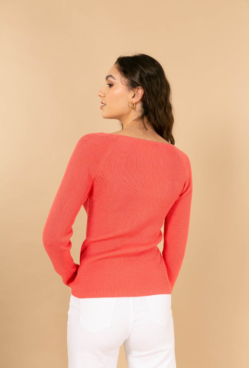 Ribbed sweater with square neck