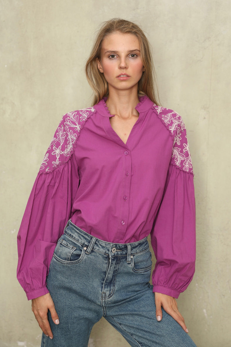 Petra purple embroidered sleeve blouse